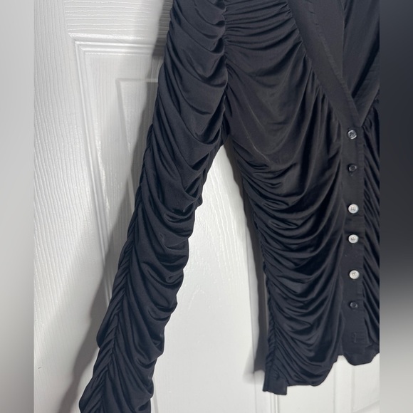 WHO WHAT WEAR Black Ruched Button Front Long Sleeve Blouse Size L - Picture 4 of 5
